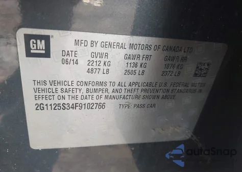 2015 Chevrolet Impala 2Lt z USA, uszkodzony, nr VIN 2G1125S34F9102766